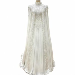 funyue Arabic Dubai High Neck Lg Sleeve Wedding Dr Women Elegant Luxury Bridal Dres with Cape Islamic Hijab Lace Beaded W1NX#