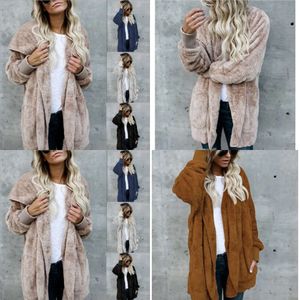 Kvinnors faux pälsjackor ytterkläder vinter huva veet rockar fickdesign lösa kvinnor kläder varma mjuka toppar2024