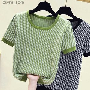 Damen-T-Shirt, Regenbogen-Plaid, stilvoll, modisch, Pullover, Pullover, Damen, gestrickt, T-Shirt, T-Shirts, 2023, Sommer, übergroß, kurzärmelig, O-Ausschnitt, lockere Tops24329