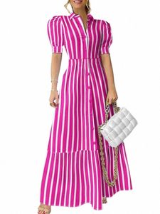 Plus Size VONDA Mulheres Escritório Camisa Dr Verão Elegante Listrado Dres Sexy Puff Manga Lapela Lg Maxi Sundr Casual Robe V8tM #