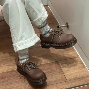 Casual Shoes Retro Brown Pumps Lace-up Low Square Heel Ankle Sewing Thick Height Increasing Women Round Toe Daily Fashion 2024