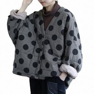 johnature Women Polka Dot Parkas V-Neck Bat Sleeve Warm Coats 2024 Autumn New Butt Loose Female Clothes Casual Parkas Coats F1nb#