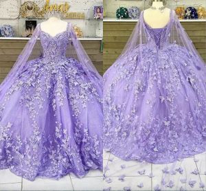Dresses 2023 Light Purple Butterflies Lace Quinceanera Dresses With Cap Beading Sweetheart Tulle Long Train Pagenat Prom Sweet 16 Dress Ba