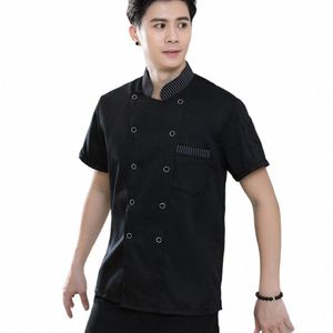 Stand collare manica corta doppio petto tasca applicata chef uniforme donna uomo servizio panetteria traspirante camicia da cuoco abbigliamento da lavoro e6n0 #