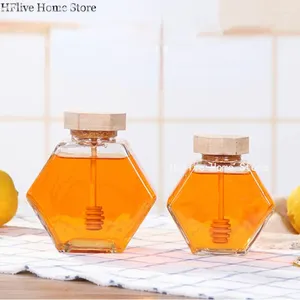 Garrafas de armazenamento Garrafa de mel de vidro hexagonal Haste de agitação de madeira Embalagem 110/220 / 380ML Jarra de recipiente pequeno