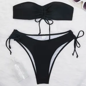 Women's Swimwear Micro Bikinis Sets Strapless Smocked Sexy Bikini Swimsuit Tie Side Tanga Thongs Bra Set Bathing Suit 2024