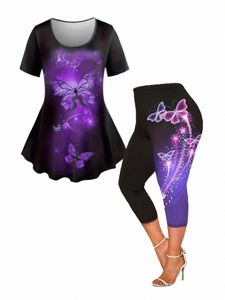 plus Size Ladies Suit Popular Leisure Butterfly Print Oversize Round-Necked Short-Sleeved T-Shirt Pants Two-Piece Set l0pA#