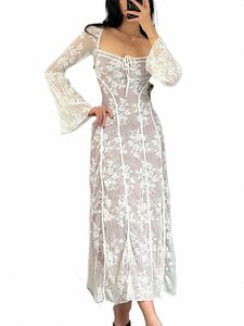 Kwiatowy koronkowy biały DR dla kobiet Sexy LG Sleeve Square Neck Fr Tiep LG Lace Midi Dres