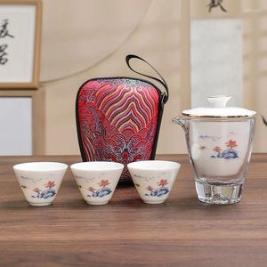 Conjuntos de chá ao ar livre carro viagem conjunto de chá portátil branco porcelana tampa tigela copo rápido presente de vidro atacado