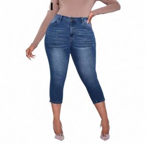 Plus Size Azul Escuro Stretchy Skinny Joelho Comprimento Distred Mom Jeans 4XL Verão Calças Denim Jeggings Pant 3/4 Leggings Capris N7dn #