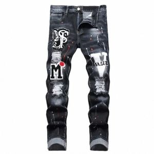 men y2k Stretchy Denim jeans Ripped Skinny Letter Print elastic waist Casual pants for men Hole Slim Fit Denim Hip Hop Trousers m0m6#