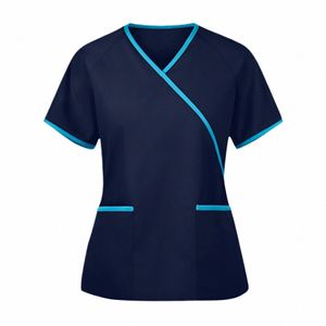 pielęgniarki mundure kobiety solidne kolorowe płuczki mundury mundury krótkie rękawowe kieszenie pielęgniarki medyczne mundurki bluzki koszule pielęgniarki o3jd#
