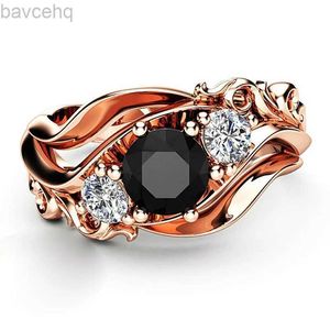 Wedding Rings Huitan Witch Ring Unique Black Stone Prong Setting Twist Band Design Rose Gold Color Women Engagement Finger Rings Wholesale 24329