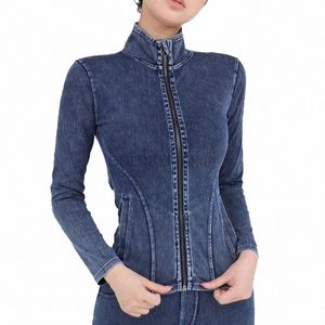 Athletische Yoga-Jacke für Damen mit durchgehendem Reißverschluss, Stretch-Jeansmantel, Workout, Laufbahn, Sportbekleidung, schmale Passform, lange Ärmel, Fitnessstudio-Oberteil 85bM#