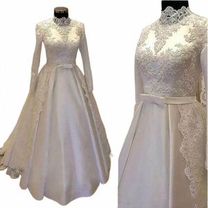 Abito da sposa musulmano di lusso bianco collo alto 2023 Appliques di pizzo maniche lunghe lunghezza del pavimento abiti da sposa arabi Vestido De Noiva t3lQ #