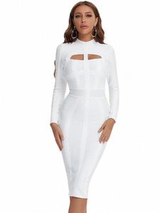Beaukey Women White Hollow Out HL Bandage Dr LG Sleeve BodyC Sexy Cut Out High Neck Party Red Black Midi Runway Dr XL F4LH#