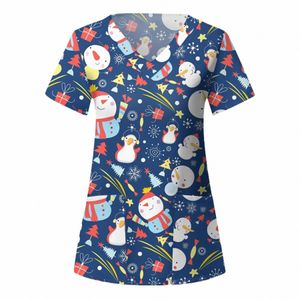 2022 mulheres enfermagem manga curta t-shirts papai noel impressão com decote em v tops uniforme de trabalho natal boneco de neve harajuku camiseta l * 5 o9ad #