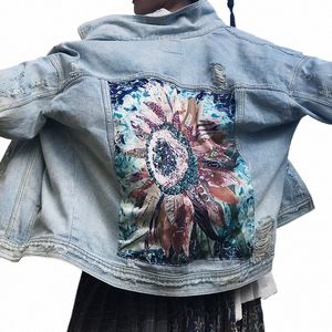 2023 Boho Women Denim Jackets Casual LG Sleeves Vintage Sunfr Diamds Frayed Hole Tops Jean Jacket Light Blue Loose Coats B7S5#