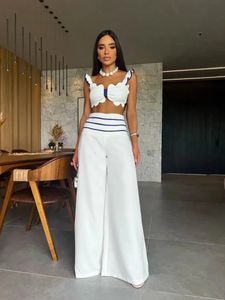 Two Piece Set With Pants Summer Elegant Solid Women Deep V Square Collar Sexy Short Top Wide Leg Suit Office Lady Clothing 240321