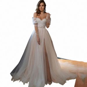 champagne Wedding Dres Sexy Side Split Dots Tulle Bride Dr 2023 Lg Sleeve Off The Shoulder Wedding Gowns Plus Size C2YE#