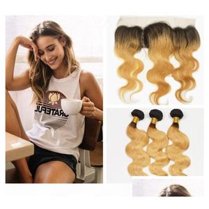 Tramas de cabelo humano com fechamento stberry loira ombre peruano tece onda corporal frontal 1b 27 mel 3 pacotes de renda produtos de entrega de gota otta6