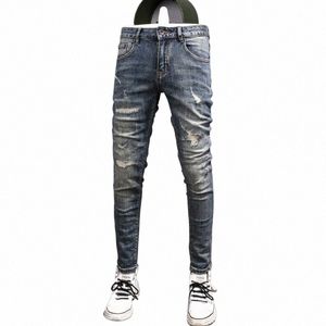 Streetwear Fi Men Jeans Retro Blue Elast Elastic Slim Fit Ripped Dżinsy Mężczyźni Vintage Designer Denim Pencil Pants Hombre X3PR#