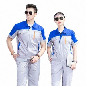 men Workshop Wear Clothes Unisex Summer Short Sleeves Engineering Uniform Patchwork Jackets+ Pants Cleaner Work Wear 90 R09K#