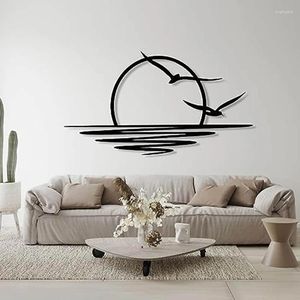 Dekorativa blommor Sunrise Metal Wall Art Sun and Seagulls Decor Abstrakt Sunset Home Minimalist Line