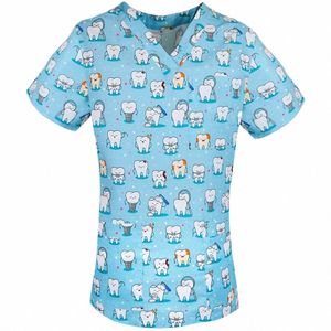 Hospital Trabalhador Uniforme de Enfermagem Mulheres Dentes Imprimir Casual Manga Curta Com Decote Em V Scrub Top Enfermeira Trabalhando Uniformes Médicos Suprimentos W3V7 #