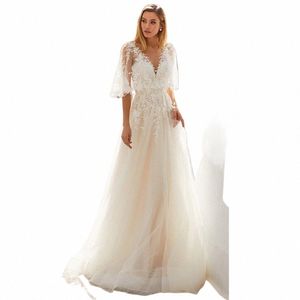 Lovedr scollo a V da sposa Dr Mezza manica scialle in pizzo Appliques Boho Backl Abito da sposa A-Line Sweep Train Vestido de novia g8uN #