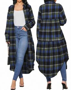 HACKET LGLINE PLAID PRINT CURVED HEM BUTTED CASUAL SHIRT JACKA FÖR KVINNA LG SLEEVES Turn-Down Collar Coat Girls I3AX#