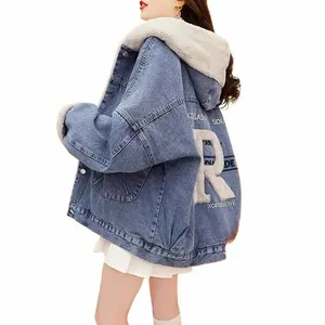 inverno lettera floccaggio con cappuccio Jean giacche donna casual allentato in pile foderato denim cappotti coreano Plus Veet caldo Jaqueta Jeans A6ca #