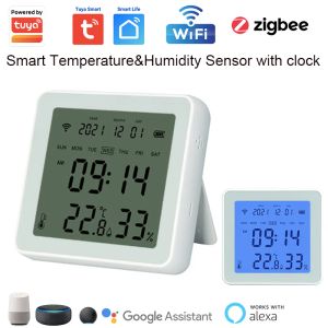 Steuerung Tuya WiFi Temperaturfeuchtigkeitssensor Indoor -Thermometer mit Uhr und Hintergrundbeleuchtungsfunktion Smart Life Alexa Google Voice Control