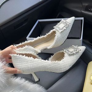 Luxury Square Buckle Pump Brand Design Pointed Toe Tweed Fabric High Heel Sandals Ladies Elegant Party Shoes 240320