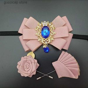 Gravatas borboleta azul strass laço conjunto para homens mulheres negócios banquete terno de casamento acessórios artesanais jóias bowtie broche 3 pcs conjuntos y240329