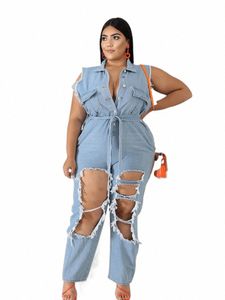 Jeans femininos Plus Size Streetwear One Piece Terne com S Jenim elegante de grande porte rasgado por atacado em massa M3GJ#