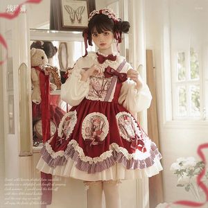 Sıradan elbiseler Japon zarif vintage tarzı lolita uzun kollu elbise kadınlar sevimli yay fırfırlar baskı cosplay tatlı kız y2k kawaii