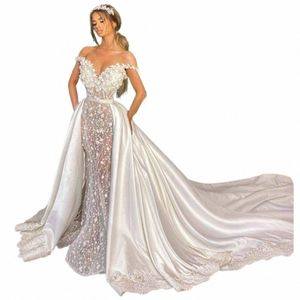 sexy Illusi 2 in 1 Wedding Dr Off The Shoulder Bride Dres Detachable Satin Train With Lace Bridal Gown Robe De Mariee 79nN#