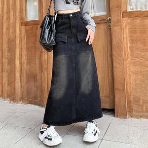 Röcke Frauen Frühling Herbst Split Denim Rock Mode Vintage Hohe Taille Hüfte Wrap Lange Beiläufige Lose Plus Größe Jeans