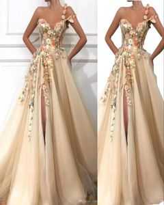 2023 Luxurious Champagne Evening Dress A Line One Shoulder Lace Appliques 3D Floral Flowers Beaded Split Special Occasion Prom Dre9146947