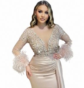 vinca Sunny Champagne Women's Evening Dres Sparkling Bead String Lace V-Neck Mermaid Lg Sleeve Prom vestidos de fiesta e9o2#