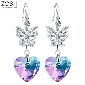 Dangle Earrings Purple Blue Gradient Color Heart Crystal For Women French Hook Clasp Silver Plate Butterfly Party Jewelry