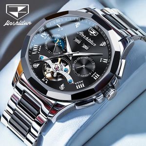 Wristwatches JSDUN Moon Phase Men's Automatic Watch Elegant Ceramic Strap Stainless Steel Skeleton Chronograph Date TOP Brand Man Watches