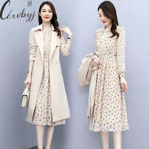 Arbeitskleider Frauen Print Kleid Koreanische Outfits Herbst Lange Windjacke Blumenhülse 2 Stück Set Plus Größe Elegante Vestidos Anzüge