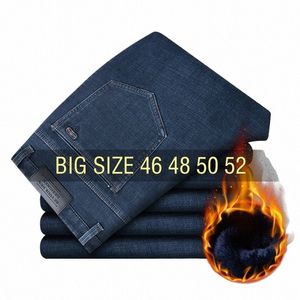 Vinter jeans män fleece denim byxor casual byxor rak stuga plus storlek 46 48 50 52 överdimensionerad tjockare varm höst lös d76u#