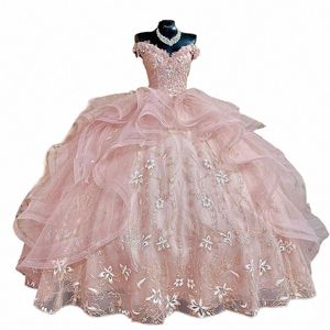 rosa bollklänningar quinceanera Dr pärlor Applique Prom Dr Lace Sweet 16 Princ Party Formal Birthday Dr O3FH#