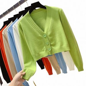 Dzianined Cropped Cardigan Women Korean Short Sweater LG Rękaw Top V SCICK FI Y2K Ubrania Zielony niebieski Y2BJ#