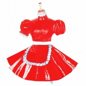 låsbar söt piga uniform cosplay pvc lolita dr kort puff hylsa halen outfit crossdrer plus sissy sissy dr v9xa#