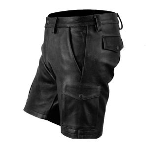 Mens Real Cowhide Leather Cargo Shorts Svarta fickor med bälteshorts 240329