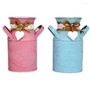 Vases 2PCS Shabby Chic Flower Vase Tin Pitcher Jug Metal Wedding Home Decor Blue & Pink